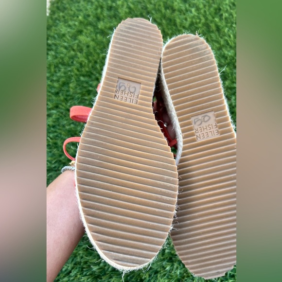 Eileen Fisher Wanda Suede Espadrille Wedge Coral Orange Raffia Zip SZ 9 - Picture 8 of 9